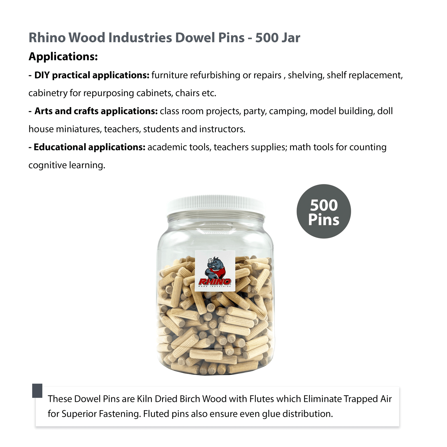 Rhino Wood Industries - 5/16" x 1 3/16" - 500 Pack Wooden Dowel Pins in Plastic Jar - Kiln Dried, Fluted, and Beveled (5/16" x 1 3/16", 500pk, Jar)