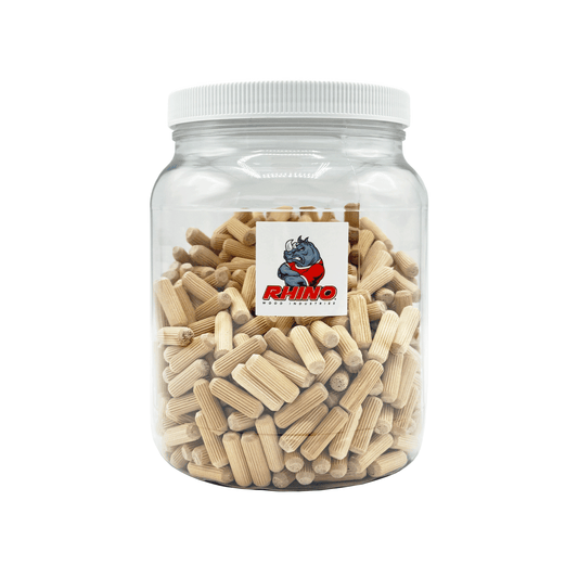 Rhino Wood Industries - 5/16" x 1" - 500 Pack Wooden Dowel Pins in Plastic Jar - Kiln Dried, Fluted, and Beveled (5/16" x 1", 500pk, Jar)