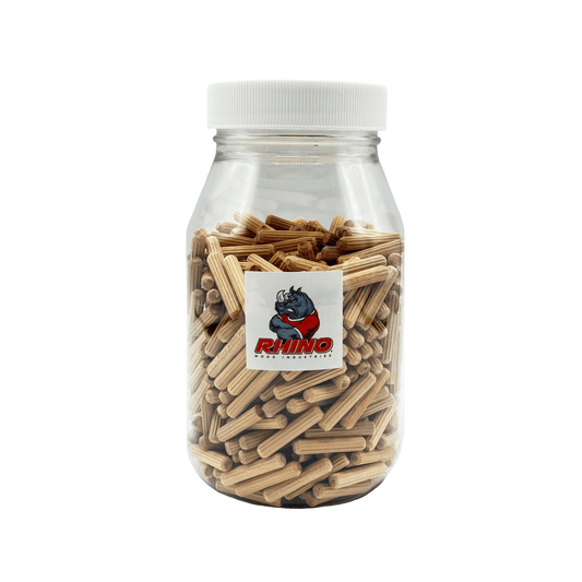Rhino Wood Industries - 15/64" x 1 1/4" - 500 Pack Wooden Dowel Pins in Plastic Jar - Kiln Dried, Fluted, and Beveled (6mm, 500pk, Jar)