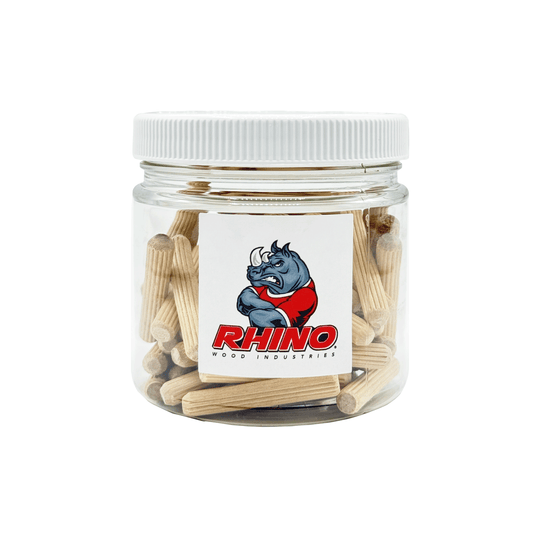 Rhino Wood Industries - 1/4" x 1 1/2" - 50 Pack Wooden Dowel Pins in Plastic Jar - Kiln Dried, Fluted, and Beveled (1/4" x 1 1/2", 50pk, Jar)
