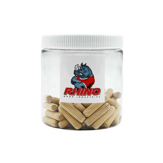 Rhino Wood Industries - 1/4" x 1" - 50 Pack Wooden Dowel Pins in Plastic Jar - Kiln Dried, Fluted, and Beveled (1/4" x 1", 50pk, Jar)