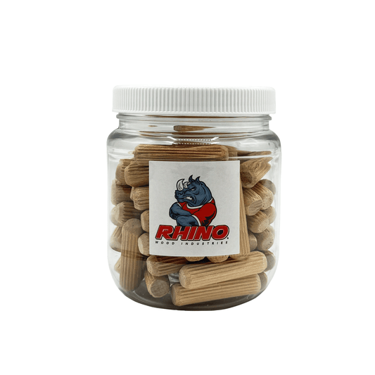 Rhino Wood Industries - 3/8" x 1 1/2" - 50 Pack Wooden Dowel Pins in Plastic Jar - Kiln Dried, Fluted, and Beveled (3/8" x 1 1/2", 50pk, Jar)