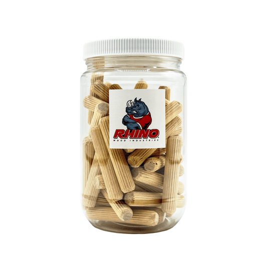 Rhino Wood Industries - 3/8" x 2" - 50 Pack Wooden Dowel Pins in Plastic Jar - Kiln Dried, Fluted, and Beveled (3/8" x 2", 50pk, Jar)