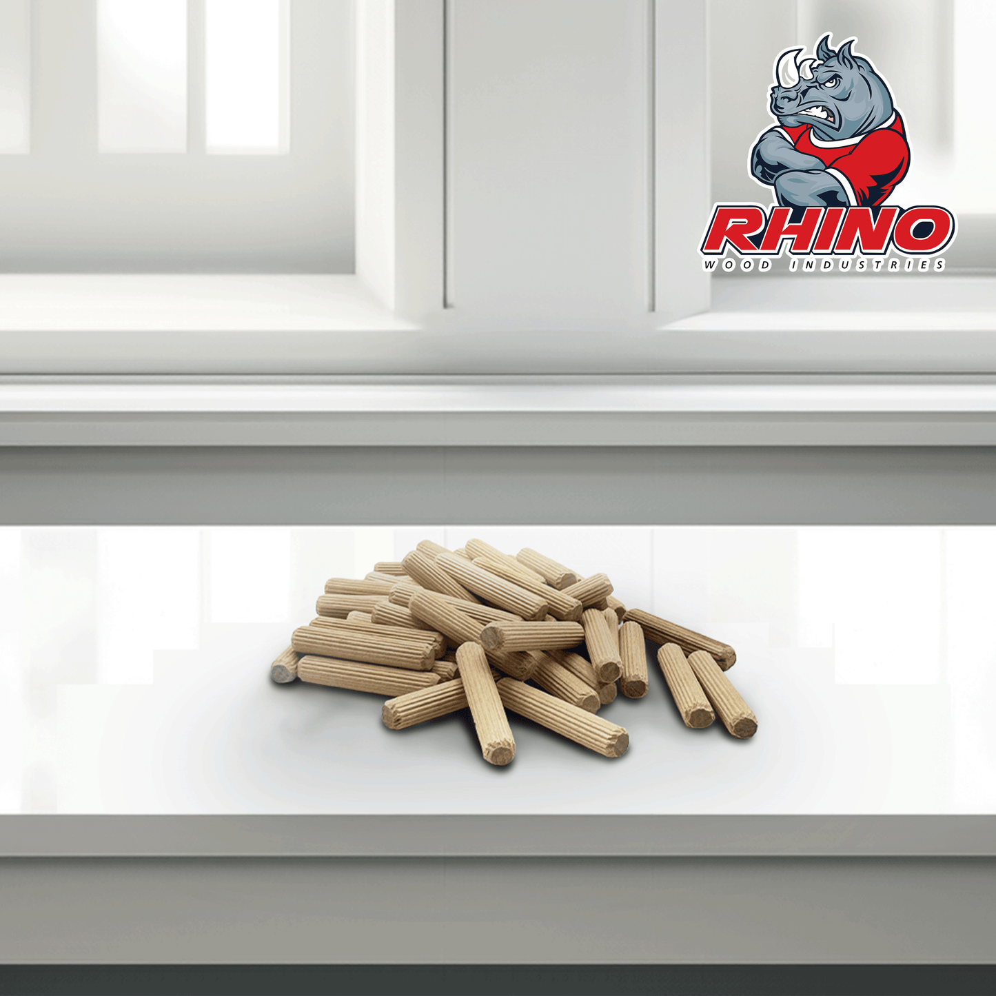 Rhino Wood Industries - 3/8" x 2" - 50 Pack Wooden Dowel Pins in Plastic Jar - Kiln Dried, Fluted, and Beveled (3/8" x 2", 50pk, Jar)