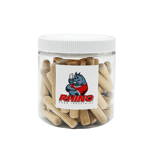 Rhino Wood Industries - 5/16" x 1 1/2" - 50 Pack Wooden Dowel Pins in Plastic Jar - Kiln Dried, Fluted, and Beveled (5/16" x 1 1/2", 50pk, Jar)