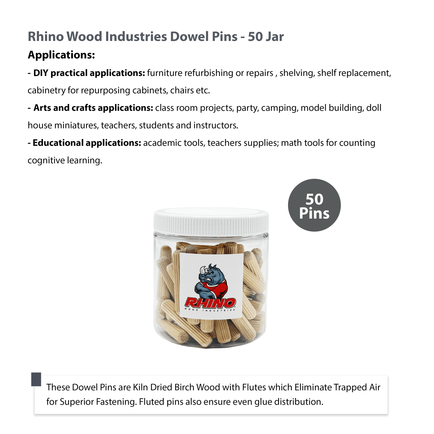 Rhino Wood Industries - 5/16" x 1 1/2" - 50 Pack Wooden Dowel Pins in Plastic Jar - Kiln Dried, Fluted, and Beveled (5/16" x 1 1/2", 50pk, Jar)