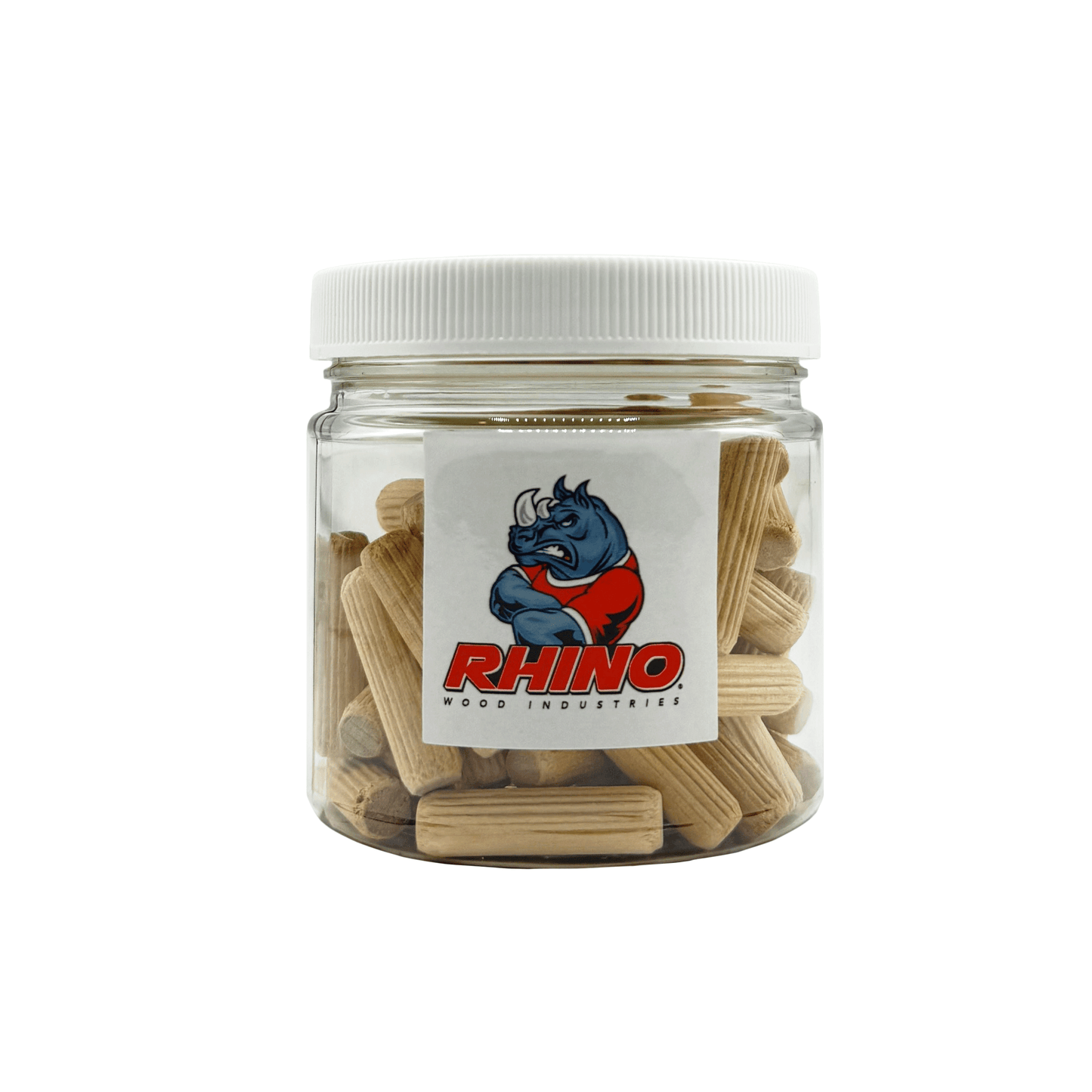 Rhino Wood Industries - 5/16" x 1 3/16" - 50 Pack Wooden Dowel Pins in Plastic Jar - Kiln Dried, Fluted, and Beveled (5/16" x 1 3/16", 50pk, Jar)