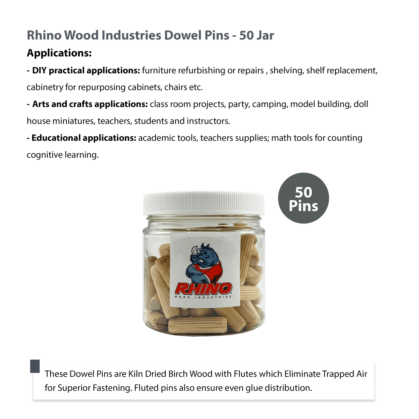 Rhino Wood Industries - 5/16" x 1 3/16" - 50 Pack Wooden Dowel Pins in Plastic Jar - Kiln Dried, Fluted, and Beveled (5/16" x 1 3/16", 50pk, Jar)