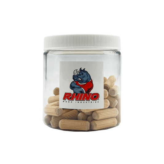 Rhino Wood Industries - 5/16" x 1" - 50 Pack Wooden Dowel Pins in Plastic Jar - Kiln Dried, Fluted, and Beveled (5/16" x 1", 50pk, Jar)