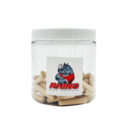 Rhino Wood Industries - 15/64" x 1 1/4" - 50 Pack Wooden Dowel Pins in Plastic Jar - Kiln Dried, Fluted, and Beveled (6mm, 50pk, Jar)