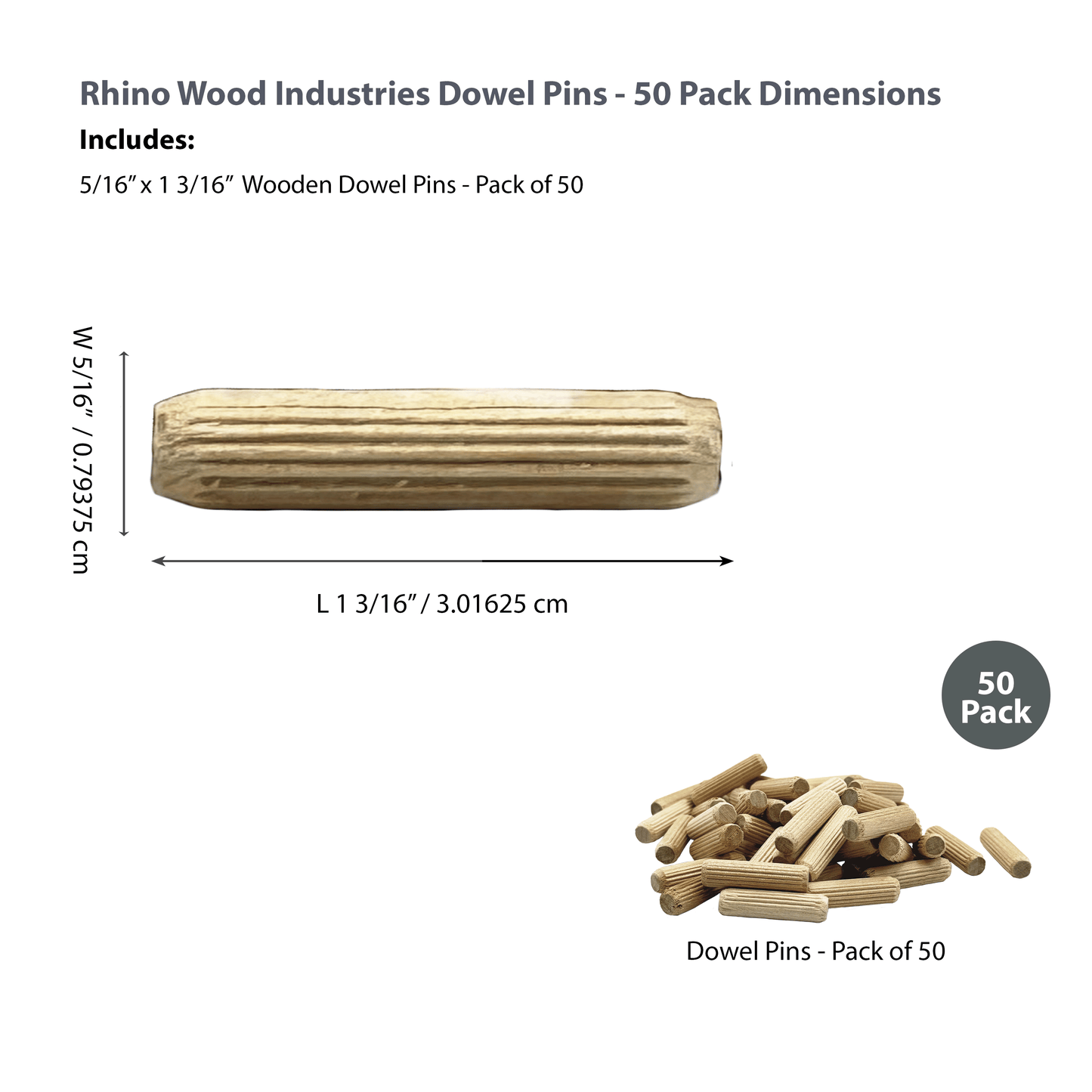 Rhino Wood Industries - 5/16" x 1 3/16" - 50 Pack Wooden Dowel Pins - Kiln Dried, Fluted, and Beveled (5/16" x 1 3/16", 50pk)