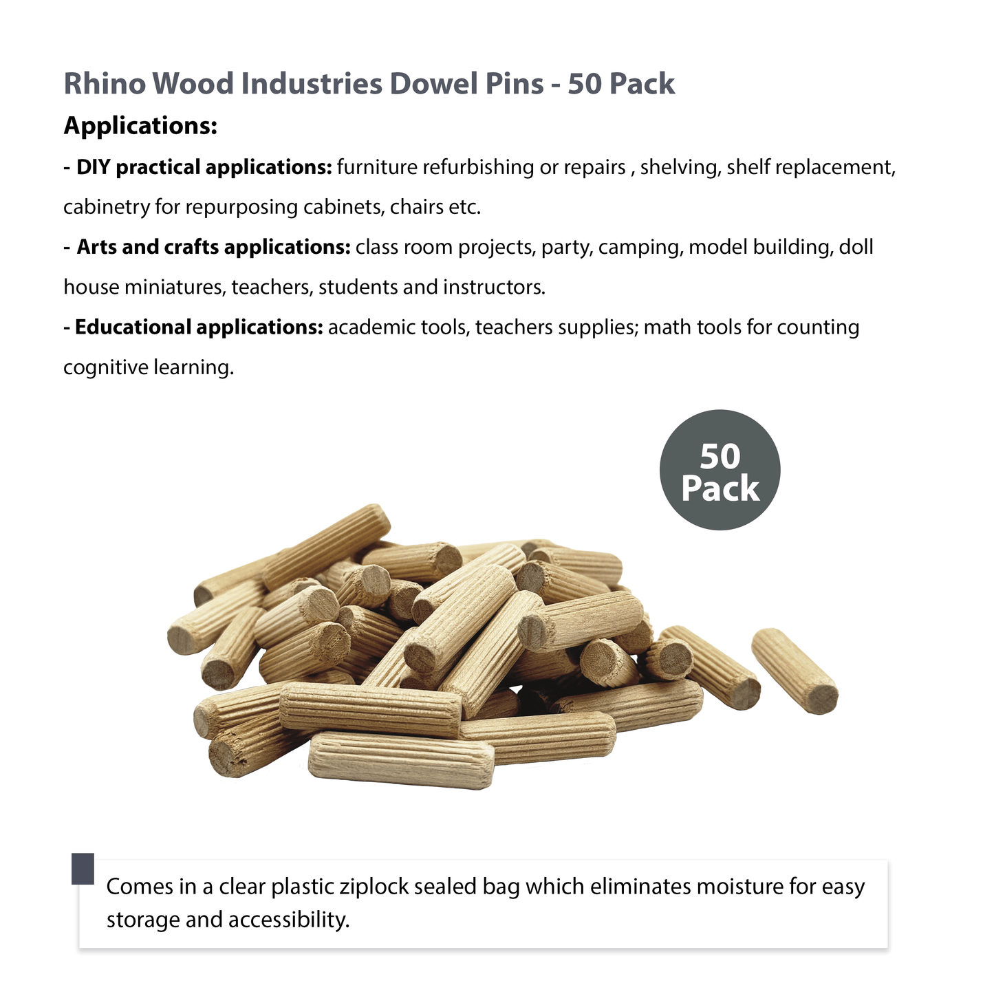 Rhino Wood Industries - 5/16" x 1 3/16" - 50 Pack Wooden Dowel Pins - Kiln Dried, Fluted, and Beveled (5/16" x 1 3/16", 50pk)