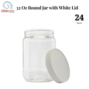 CLEARVIEW CONTAINERS Multi-Pack (32 Oz Round Jar White Lid 24 pack) Suitable for storing a variety of goods, from dry ingredients like pasta and grains to homemade preserves and snacks