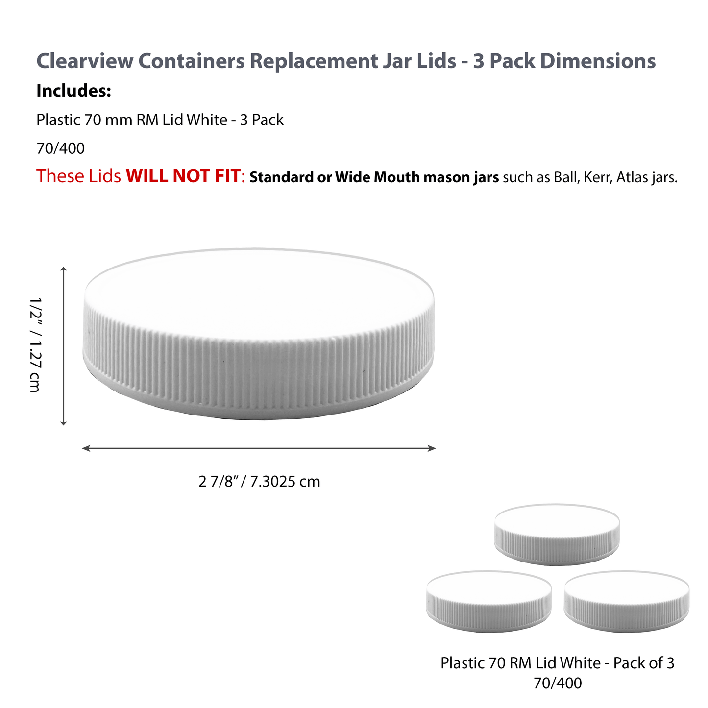 Clearview Containers - 3 Pack - Replacement Plastic 70-400 RM Food Grade Jar Lids with Foam Leakproof Liner (70RM, 3pk)
