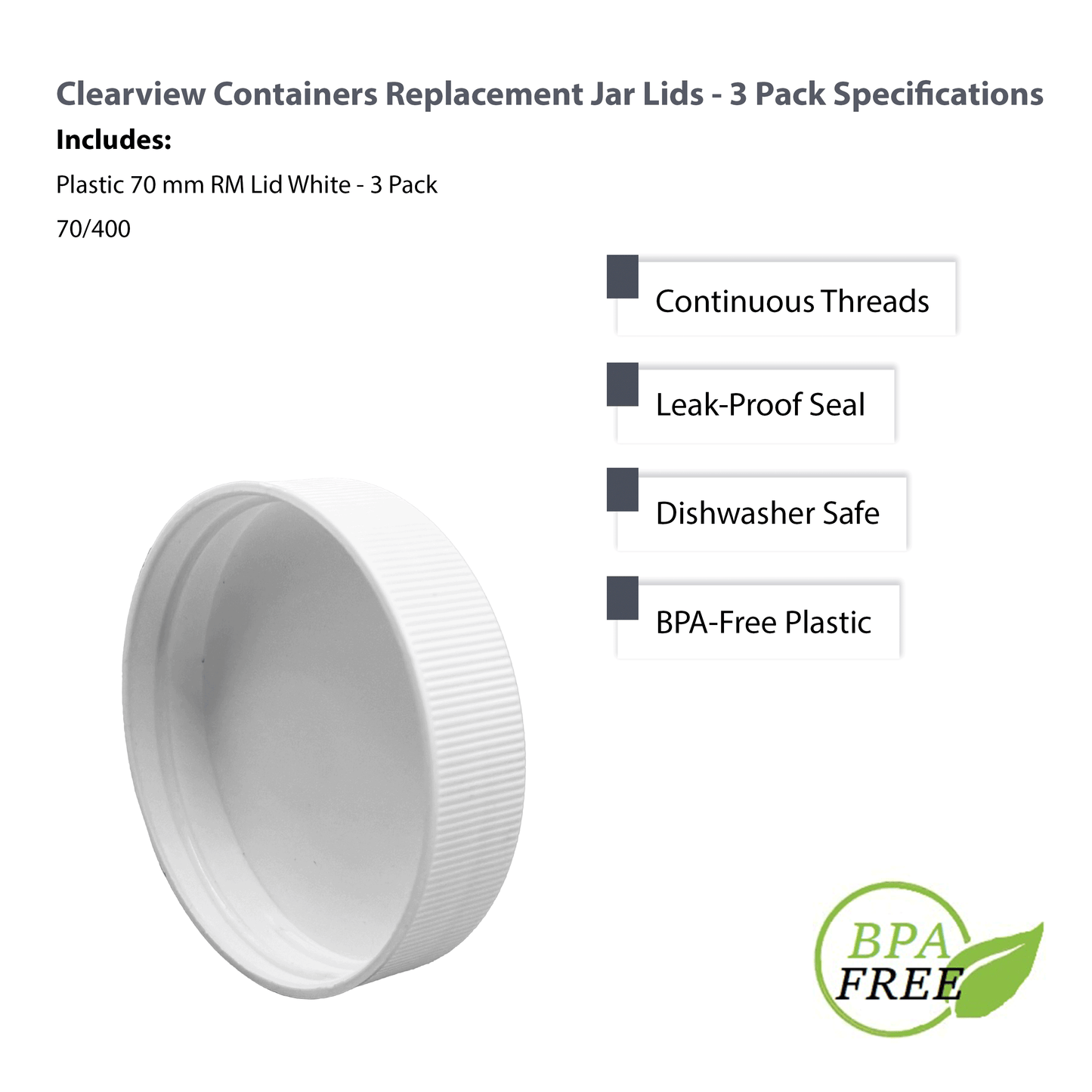 Clearview Containers - 3 Pack - Replacement Plastic 70-400 RM Food Grade Jar Lids with Foam Leakproof Liner (70RM, 3pk)
