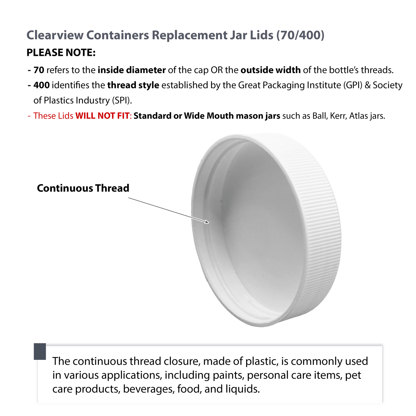 Clearview Containers - 3 Pack - Replacement Plastic 70-400 RM Food Grade Jar Lids with Foam Leakproof Liner (70RM, 3pk)
