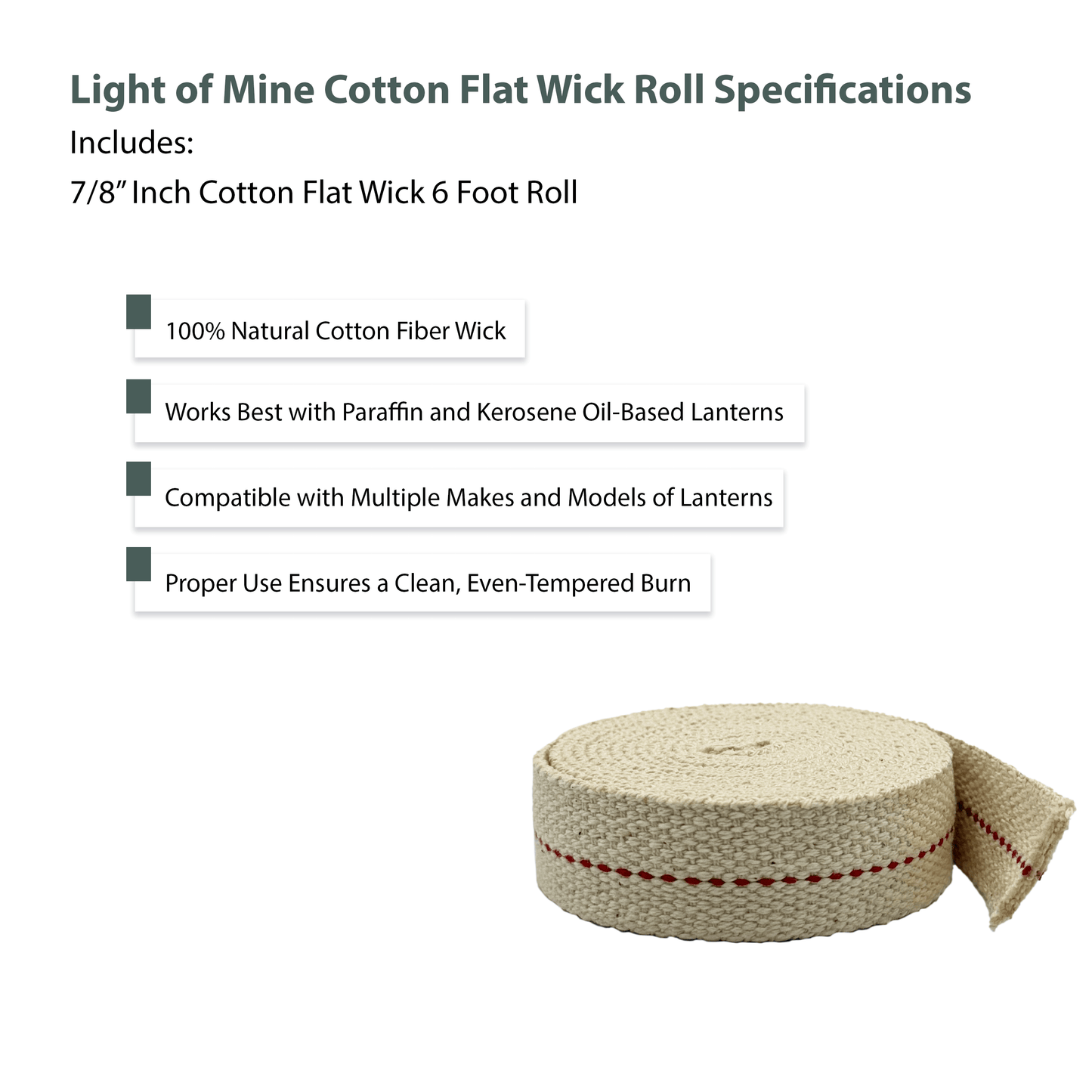 Light Of Mine 7/8" Inch 100% Cotton Flat Wick 6 Foot Roll for Oil Lamps