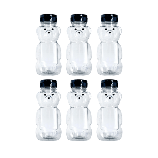 Clearview Containers - 6 Pack of 8 Ounce Honey Bears with Sealable Black Flip Top Lids (8 oz. Bear, 6pk, Black)