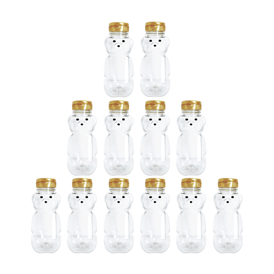Clearview Containers - 12 Pack of 8 Ounce Honey Bears with Sealable Gold Flip Top Lids (8 oz. Bear, 12pk, Gold)