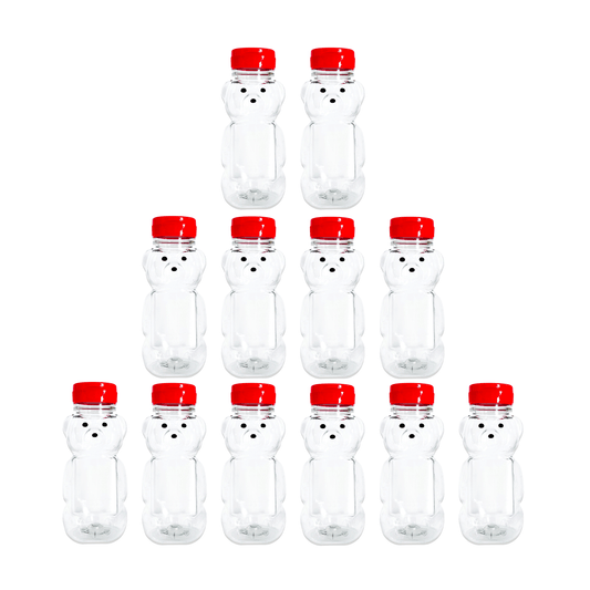 Clearview Containers - 12 Pack of 8 Ounce Honey Bears with Sealable Red Flip Top Lids (8 oz. Bear, 12pk, Red)
