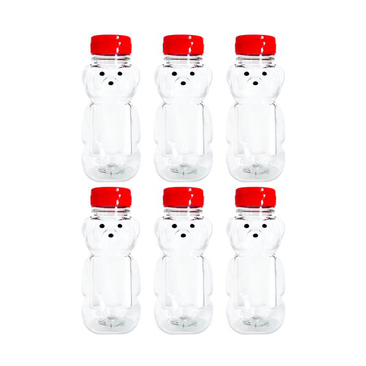 Clearview Containers - 6 Pack of 8 Ounce Honey Bears with Sealable Red Flip Top Lids (8 oz. Bear, 6pk, Red)