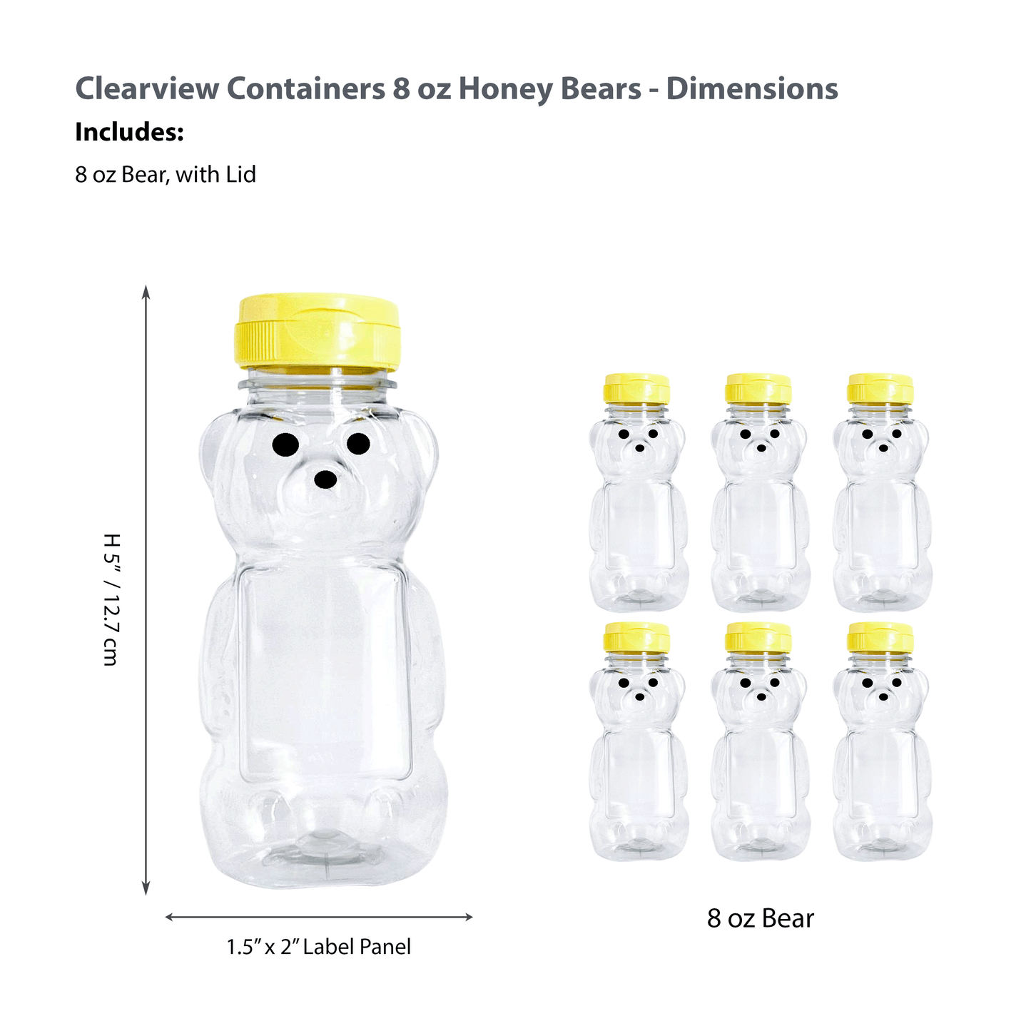 Clearview Container Honey bear with Flip Top Lid Plastic Squeeze Bear 8 oz Yellow Caps