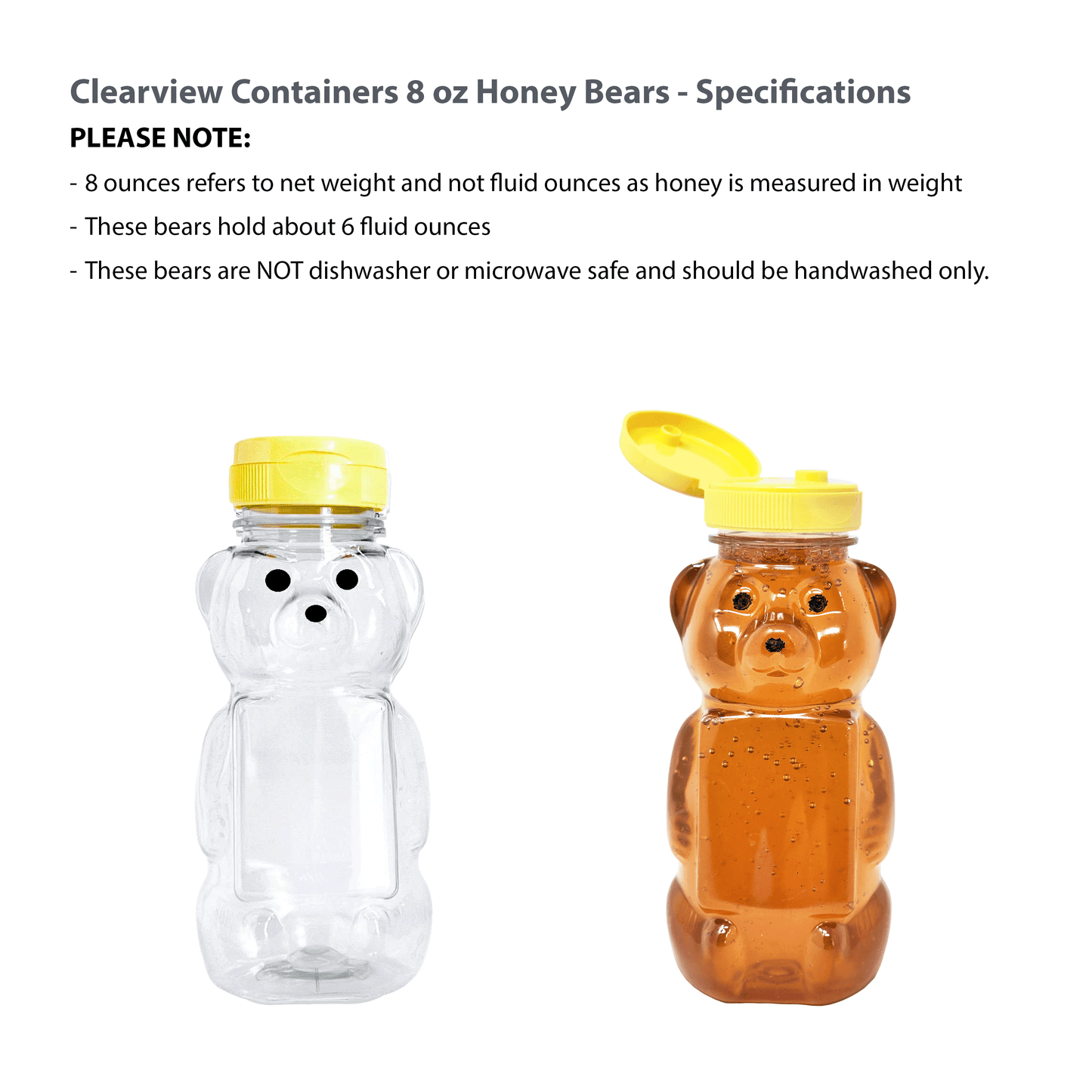 Clearview Container Honey bear with Flip Top Lid Plastic Squeeze Bear 8 oz Yellow Caps