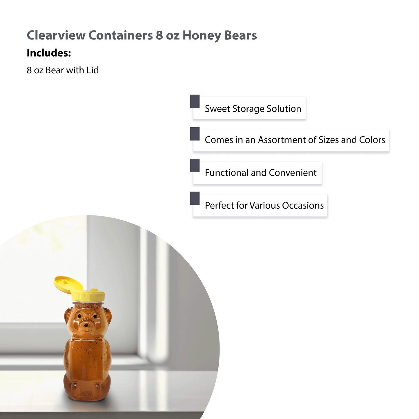 Clearview Container Honey bear with Flip Top Lid Plastic Squeeze Bear 8 oz Yellow Caps