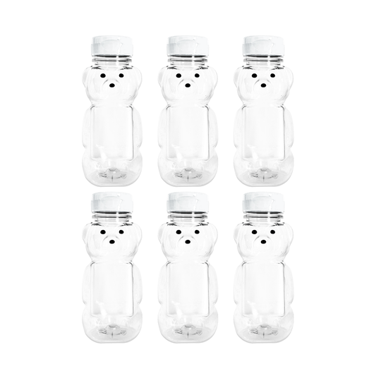 Clearview Containers - 6 Pack of 8 Ounce Honey Bears with Sealable White Flip Top Lids (8 oz. Bear, 6pk, White)