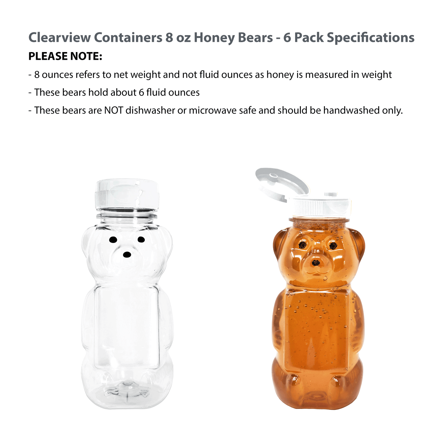 Clearview Containers - 6 Pack of 8 Ounce Honey Bears with Sealable White Flip Top Lids (8 oz. Bear, 6pk, White)