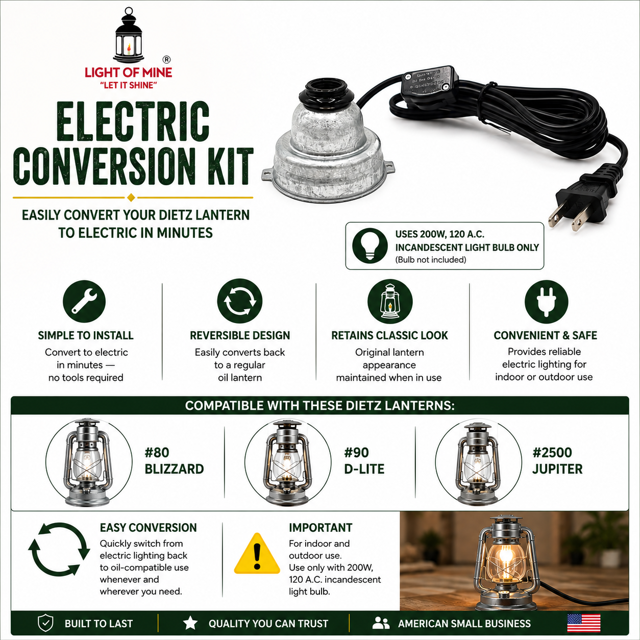 Light of Mine - Dietz Oil Lantern Electric Conversion Kit for #80 Blizzard, #90 D-Lite & #2500 Jupiter - 120V Corded Lamp Adapter with Inline Switch