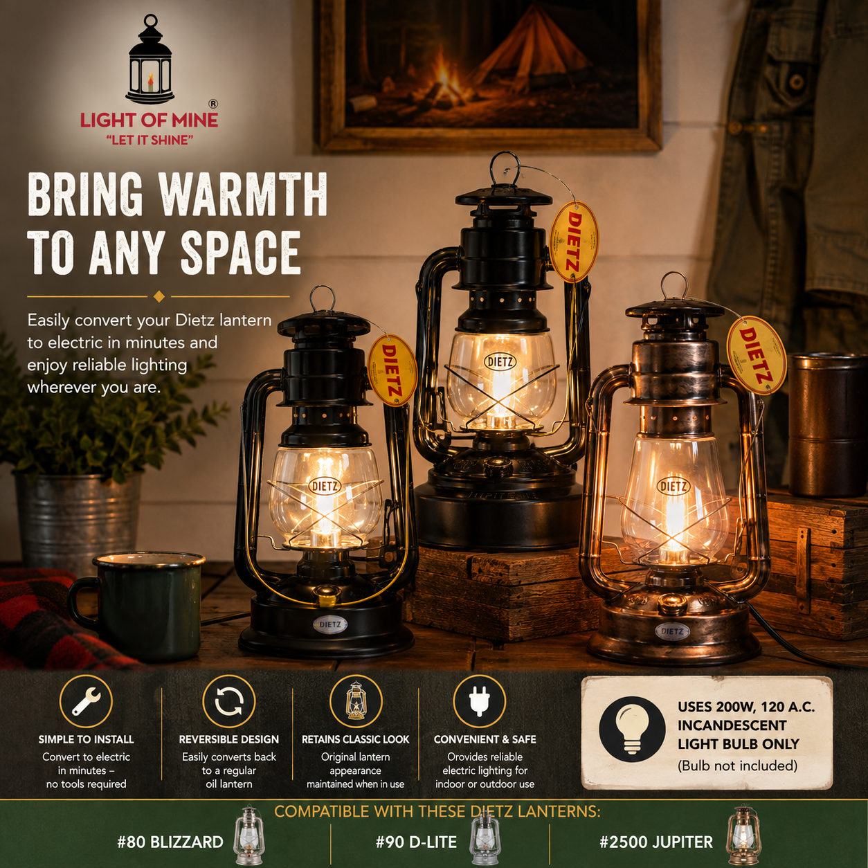 Light of Mine - Dietz Oil Lantern Electric Conversion Kit for #80 Blizzard, #90 D-Lite & #2500 Jupiter - 120V Corded Lamp Adapter with Inline Switch