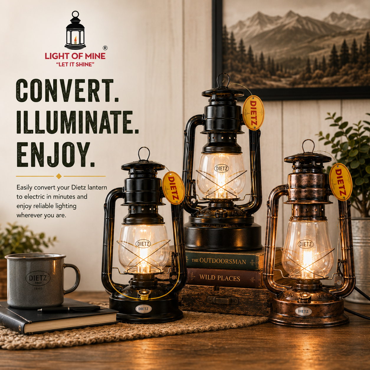 Light of Mine - Dietz Oil Lantern Electric Conversion Kit for #80 Blizzard, #90 D-Lite & #2500 Jupiter - 120V Corded Lamp Adapter with Inline Switch
