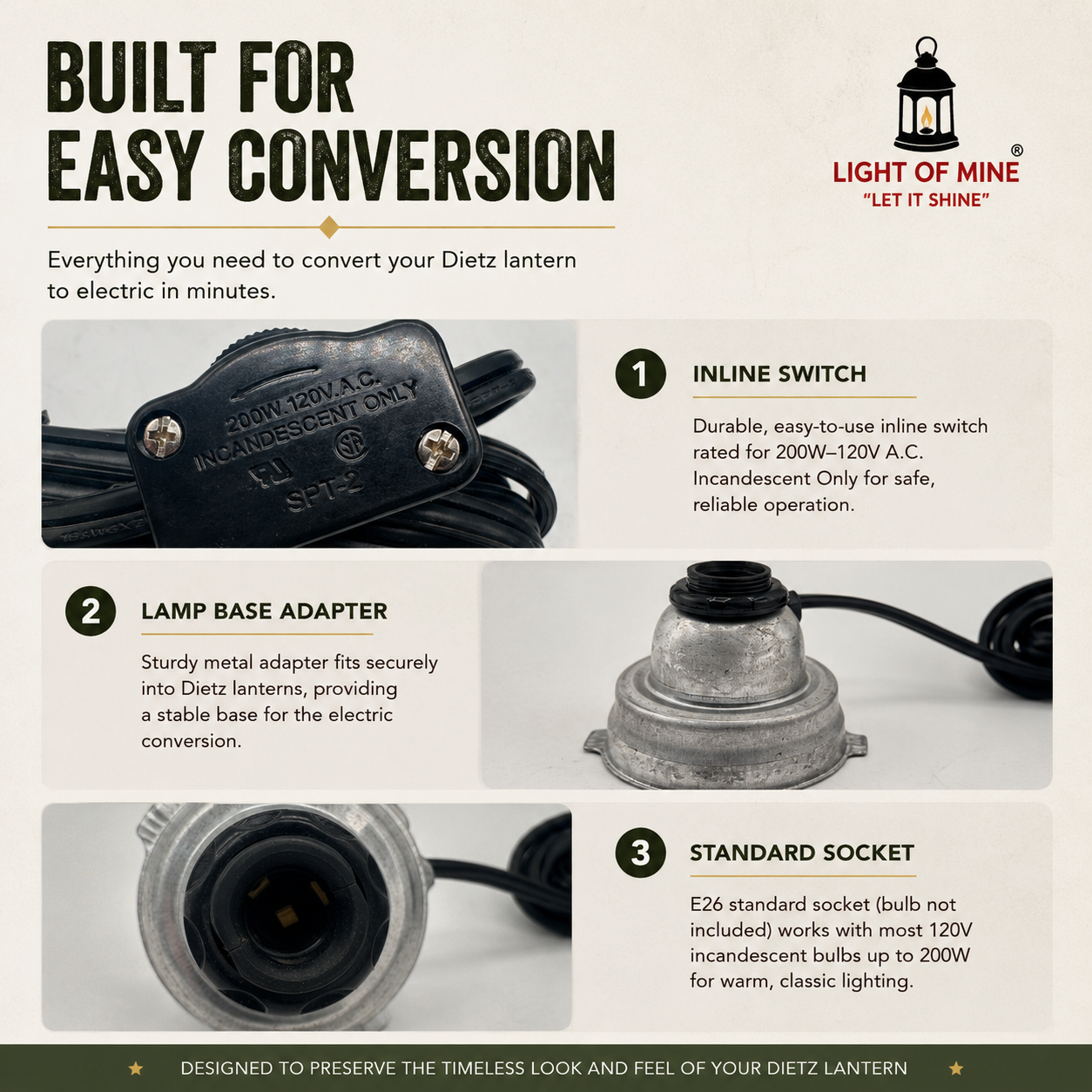 Light of Mine - Dietz Oil Lantern Electric Conversion Kit for #80 Blizzard, #90 D-Lite & #2500 Jupiter - 120V Corded Lamp Adapter with Inline Switch