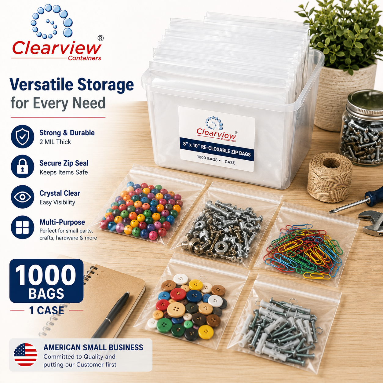 Clearview Containers – 1000 Pack 8" x 10" Clear Reclosable Zip Bags, 2 MIL Thick Plastic Zipper Storage Bags for Small Parts, Hardware, Crafts, Beads, Jewelry & Organization