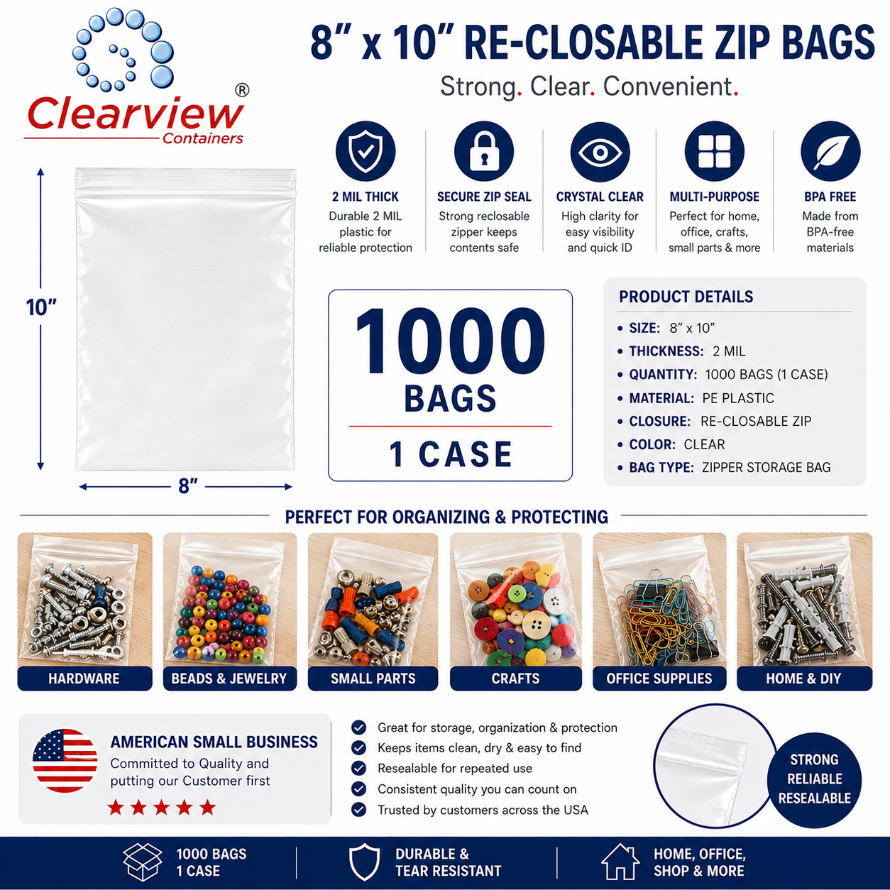 Clearview Containers – 1000 Pack 8" x 10" Clear Reclosable Zip Bags, 2 MIL Thick Plastic Zipper Storage Bags for Small Parts, Hardware, Crafts, Beads, Jewelry & Organization