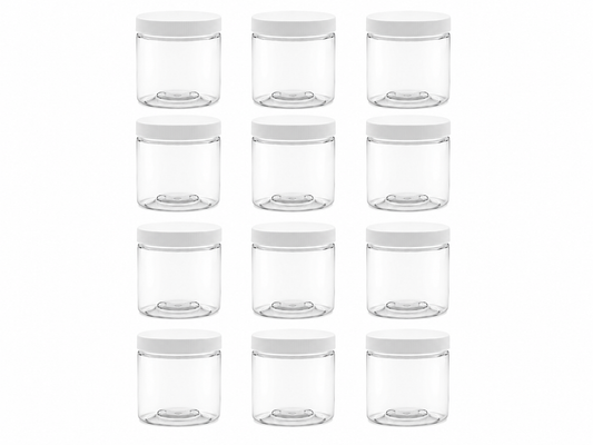 Clearview Containers: 12 Pack - 8 oz (1 Cup) Plastic Storage Jars with 70-400 Leak Proof White Lid, Food Grade, BPA Free, Hand Wash Only (8oz, 12pk)