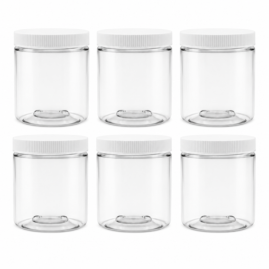 Clearview Containers: 6 Pack - 8 oz (1 Cup) Plastic Storage Jars with 70-400 Leak Proof White Lid, Food Grade, BPA Free, Hand Wash Only (8oz, 6pk)