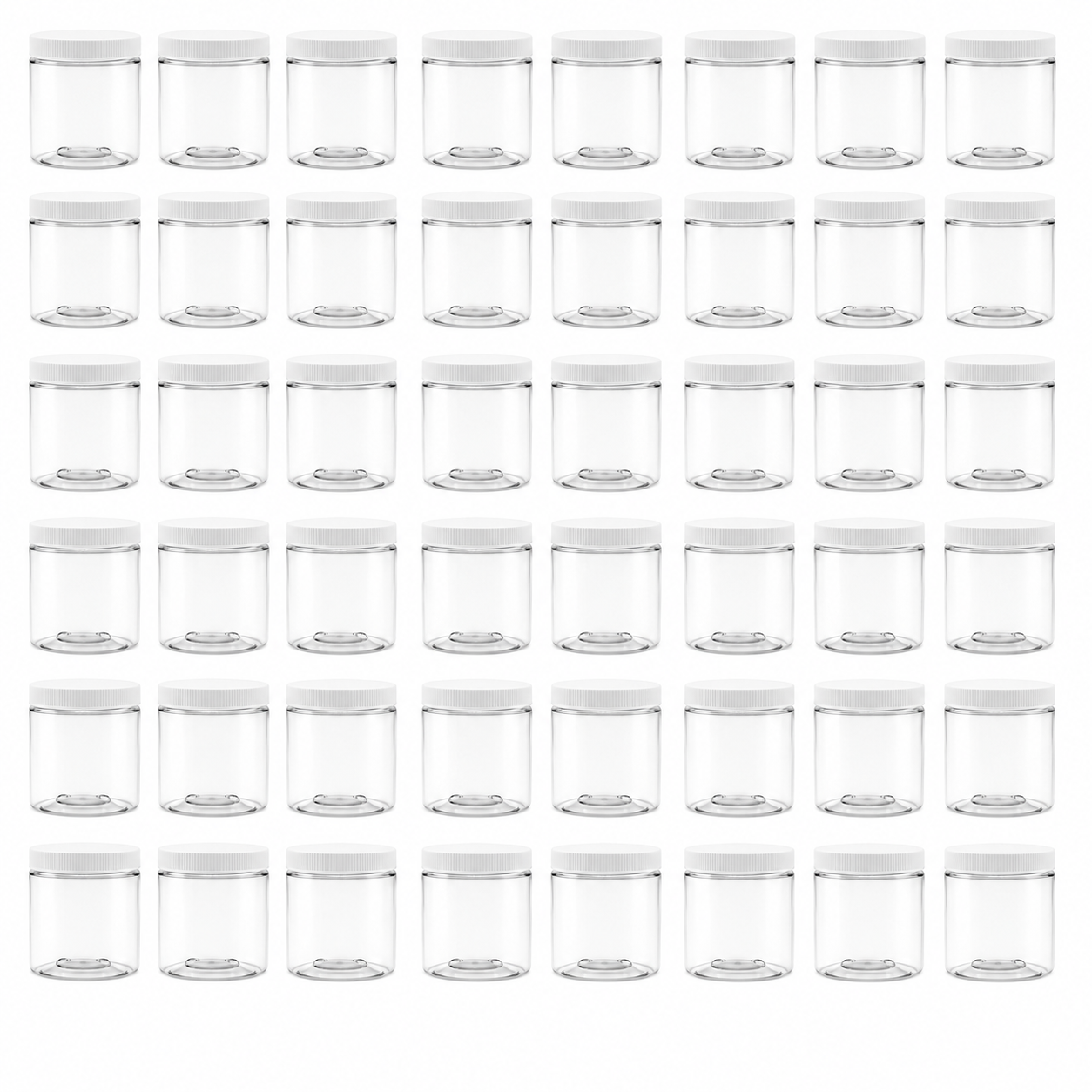 Clearview Containers: 48 Pack - 8 oz (1 Cup) Plastic Storage Jars with 70-400 Leak Proof White Lid, Food Grade, BPA Free, Hand Wash Only (8oz, 48pk)