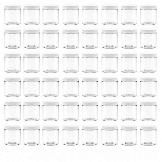 Clearview Containers: 48 Pack - 8 oz (1 Cup) Plastic Storage Jars with 70-400 Leak Proof White Lid, Food Grade, BPA Free, Hand Wash Only (8oz, 48pk)