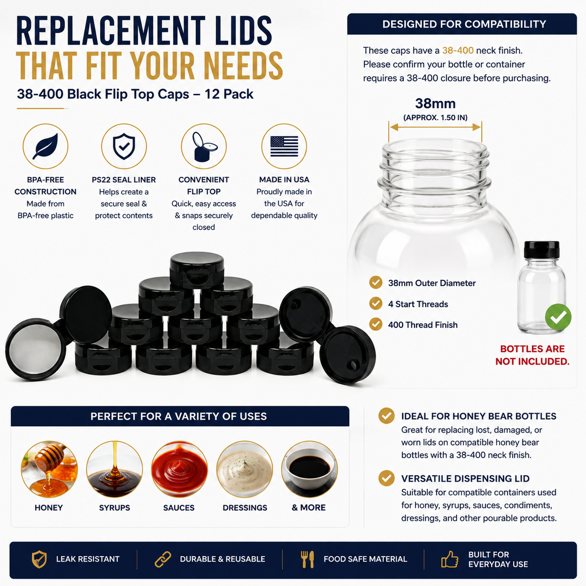 Clearview Containers – 12 Pack 38-400 Black Flip Top Plastic Caps with PS22 Seal Liner – Replacement Dispensing Lids for Compatible Honey Bear Bottles & Containers, BPA-Free (38mm - 12pk, BLK)