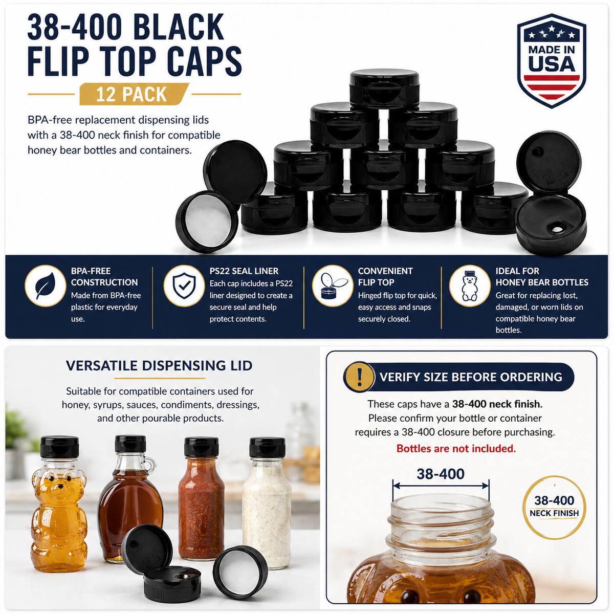 Clearview Containers – 12 Pack 38-400 Black Flip Top Plastic Caps with PS22 Seal Liner – Replacement Dispensing Lids for Compatible Honey Bear Bottles & Containers, BPA-Free (38mm - 12pk, BLK)