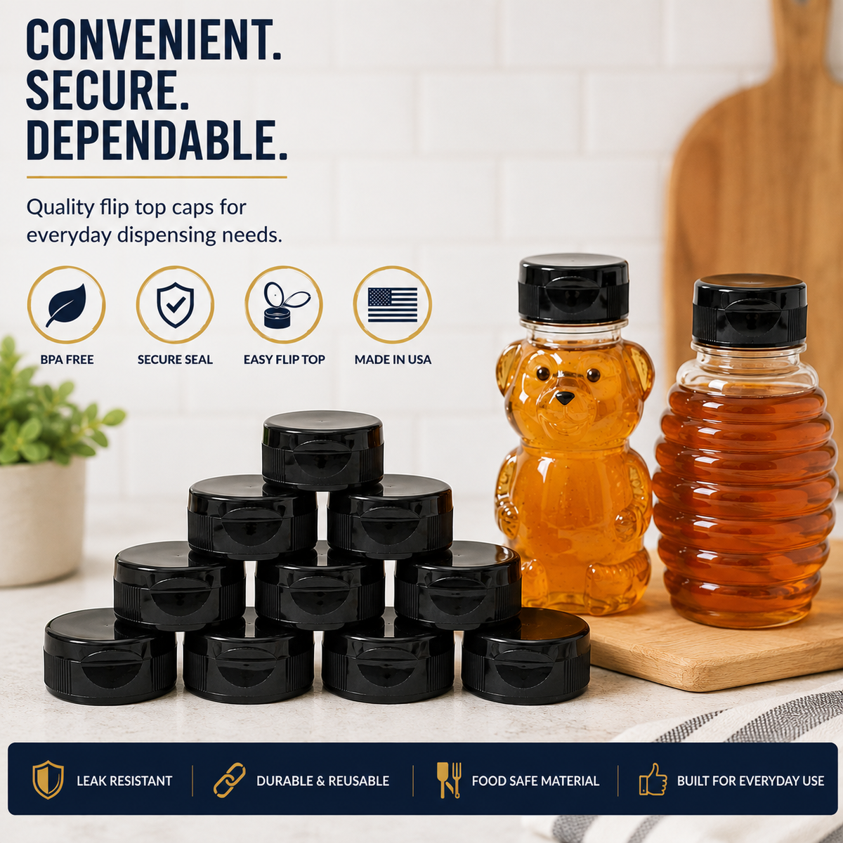 Clearview Containers – 12 Pack 38-400 Black Flip Top Plastic Caps with PS22 Seal Liner – Replacement Dispensing Lids for Compatible Honey Bear Bottles & Containers, BPA-Free (38mm - 12pk, BLK)