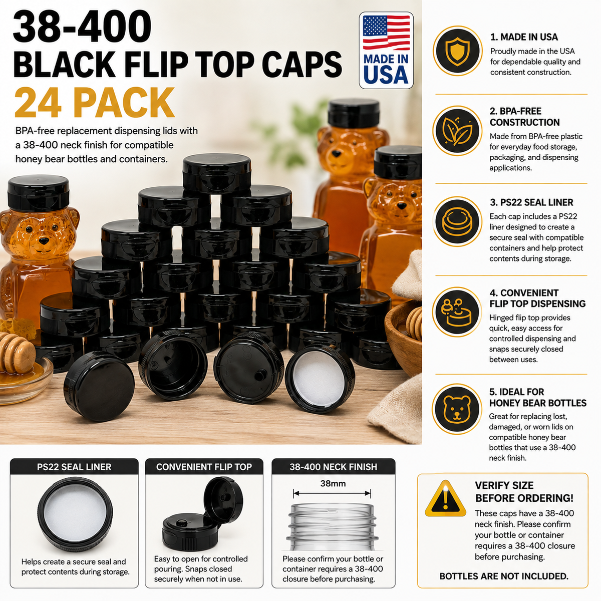 Clearview Containers – 24 Pack 38-400 Black Flip Top Plastic Caps with PS22 Seal Liner – Replacement Dispensing Lids for Compatible Honey Bear Bottles & Containers, BPA-Free (38mm - 24pk, BLK)