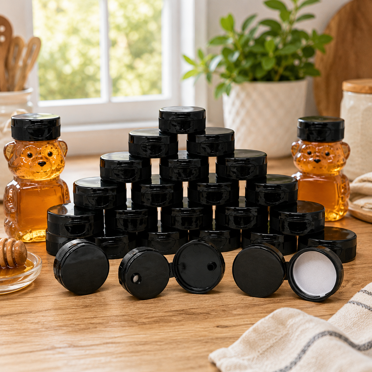 Clearview Containers – 24 Pack 38-400 Black Flip Top Plastic Caps with PS22 Seal Liner – Replacement Dispensing Lids for Compatible Honey Bear Bottles & Containers, BPA-Free (38mm - 24pk, BLK)