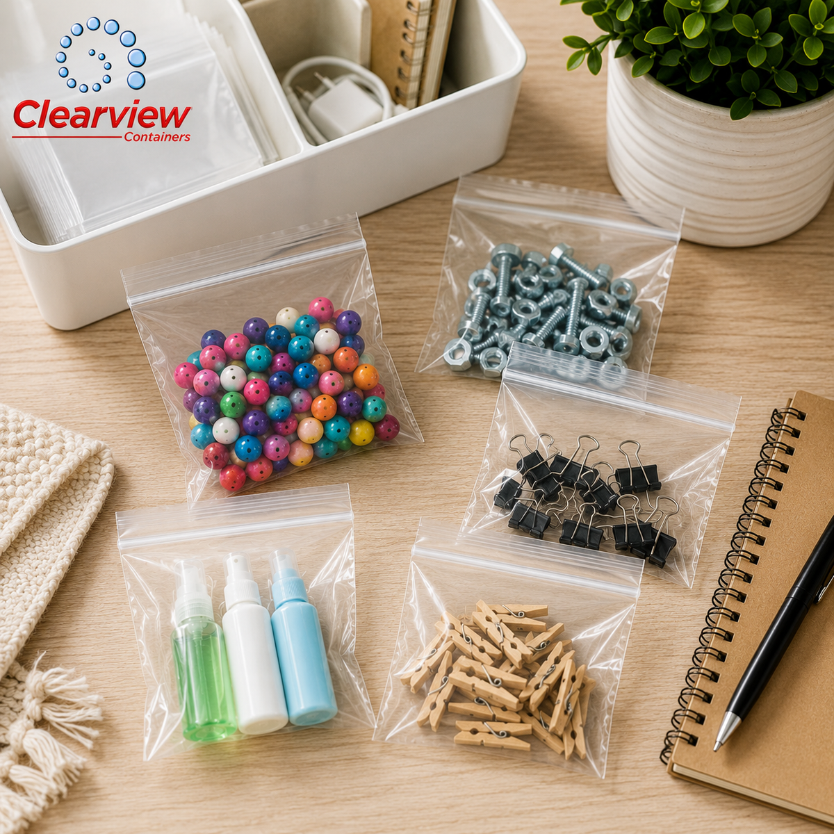 Clearview Containers – 100 Pack 6" x 6" Clear Reclosable Zip Bags, 2 MIL Thick Plastic Zipper Storage Bags for Small Parts, Hardware, Crafts, Beads, Jewelry & Organization