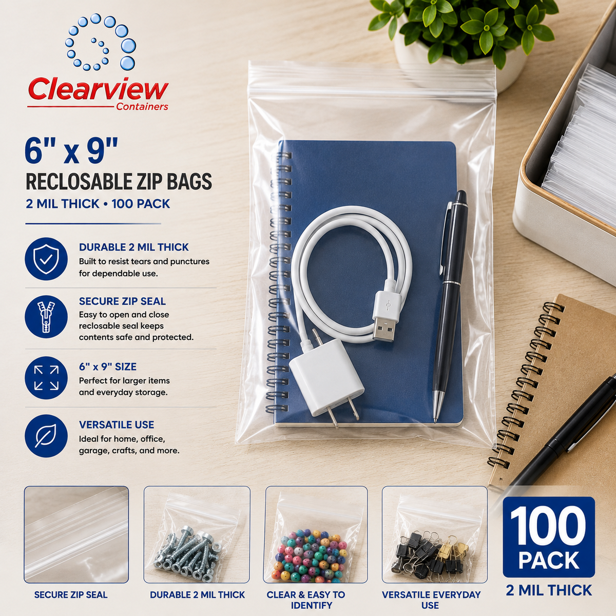 Clearview Containers – 100 Pack 6" x 9" Clear Reclosable Zip Bags, 2 MIL Thick Plastic Zipper Storage Bags for Small Parts, Hardware, Crafts, Beads, Jewelry & Organization