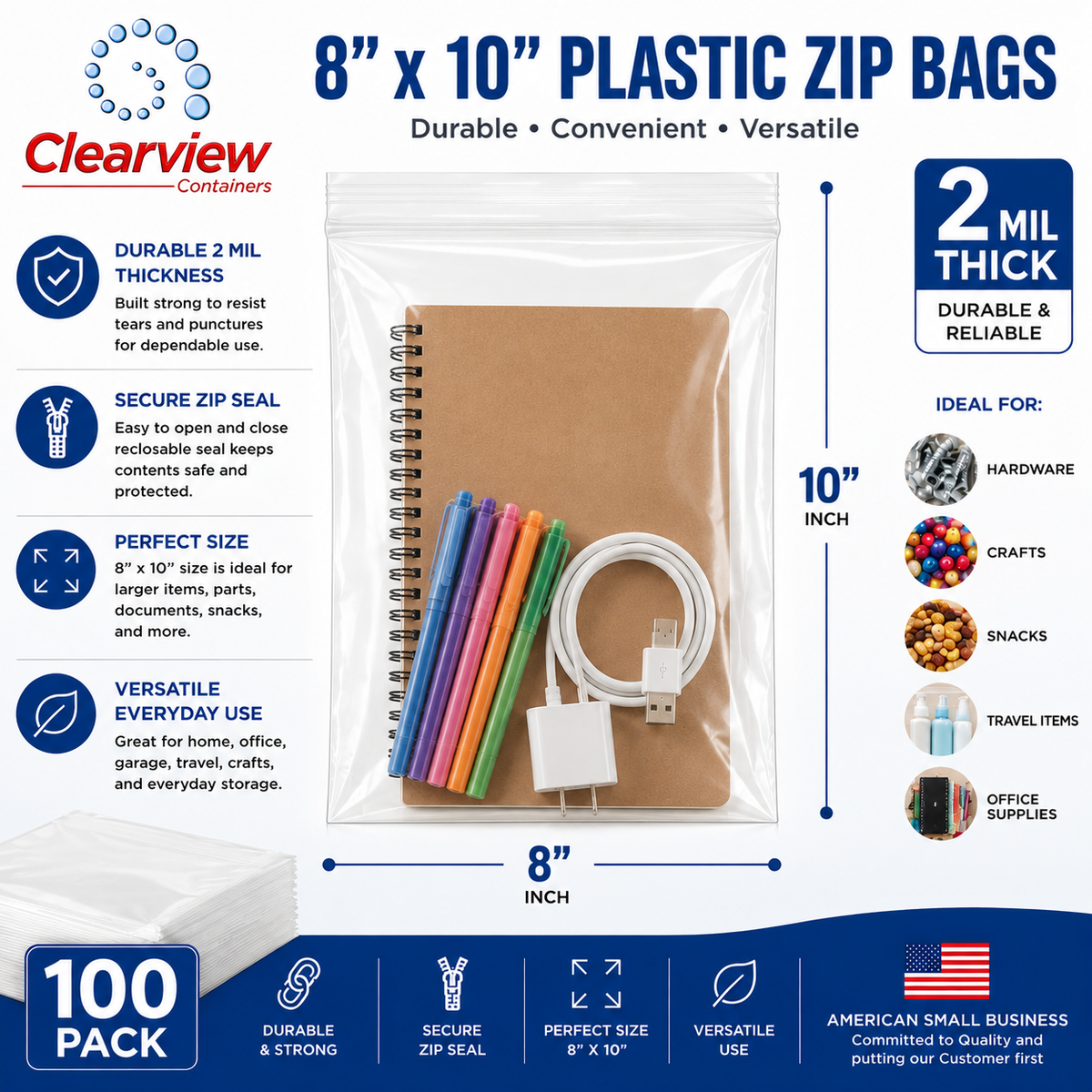 Clearview Containers – 100 Pack 8" x 10" Clear Reclosable Zip Bags, 2 MIL Thick Plastic Zipper Storage Bags for Small Parts, Hardware, Crafts, Beads, Jewelry & Organization