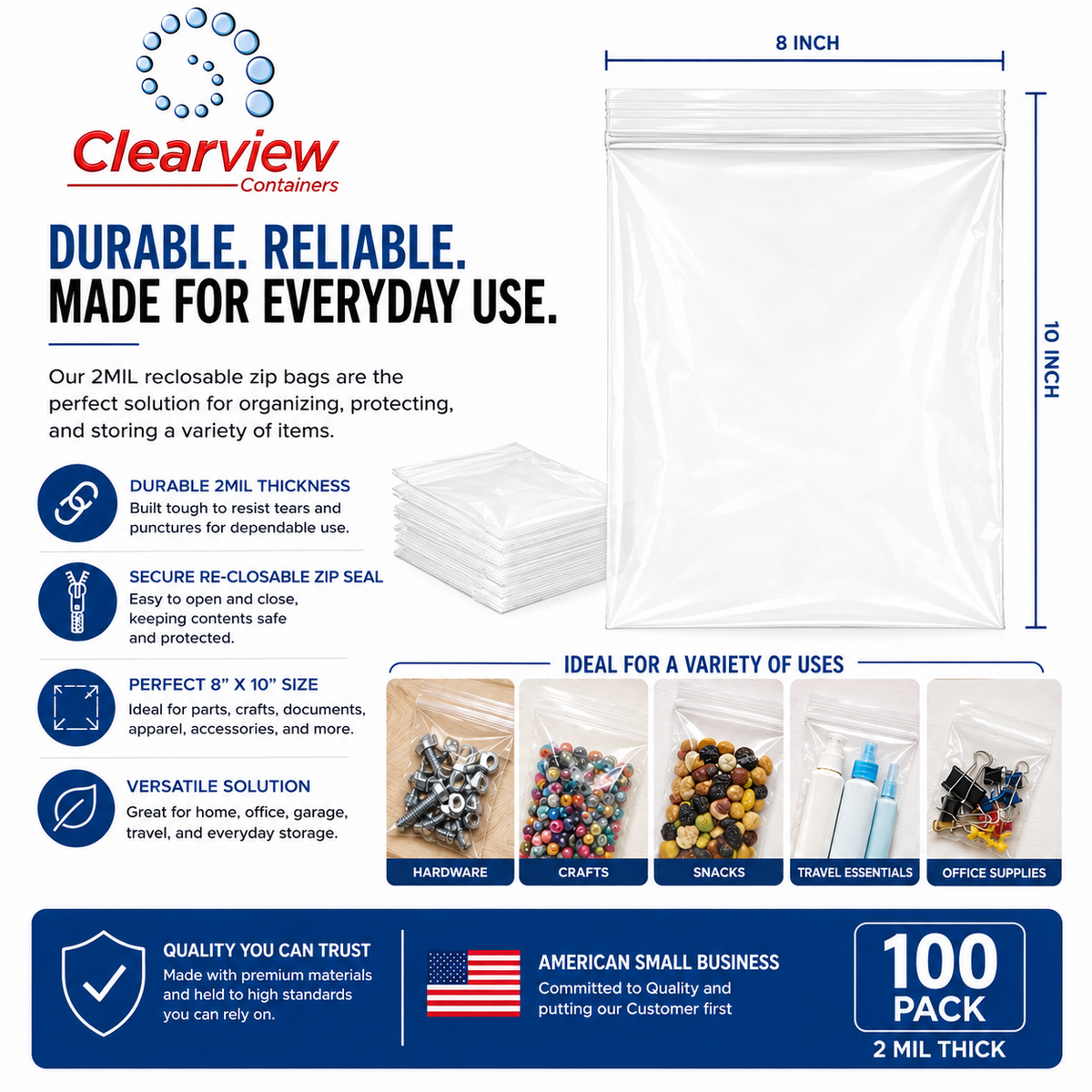 Clearview Containers – 100 Pack 8" x 10" Clear Reclosable Zip Bags, 2 MIL Thick Plastic Zipper Storage Bags for Small Parts, Hardware, Crafts, Beads, Jewelry & Organization