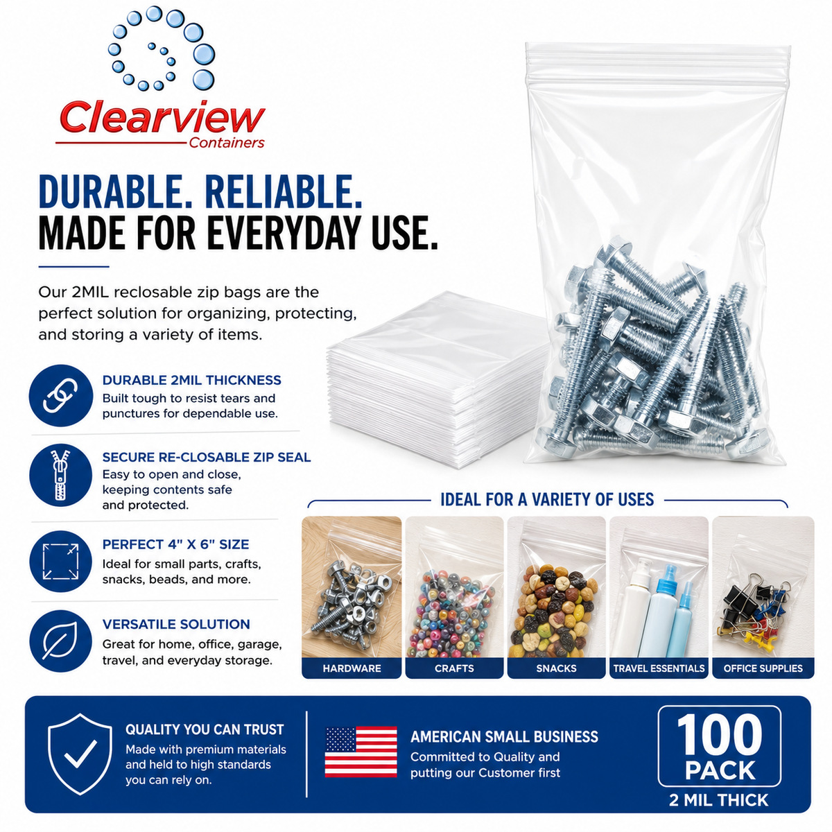 Clearview Containers - 100 Pack of 4" x 6" High Quality Recloseable Zip Bags